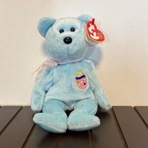 Ty Light Blue Stuffed Bear with Pink Ribbon